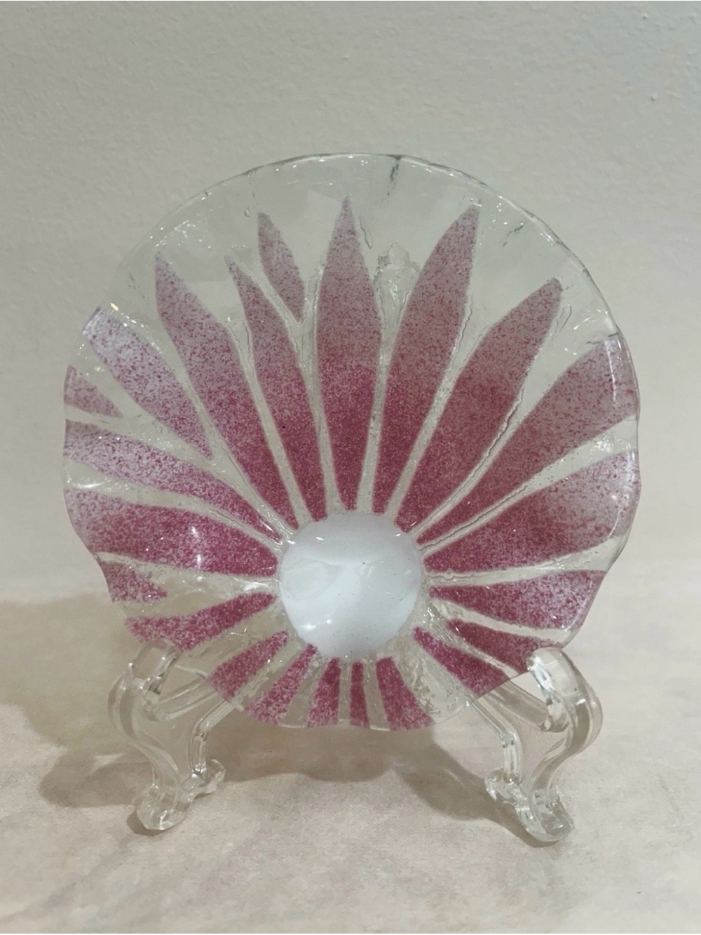 Vintage Sydenstricker Fused Glass 4" Pink Daisy Ruffled Bowl Shabby Chic Cottage